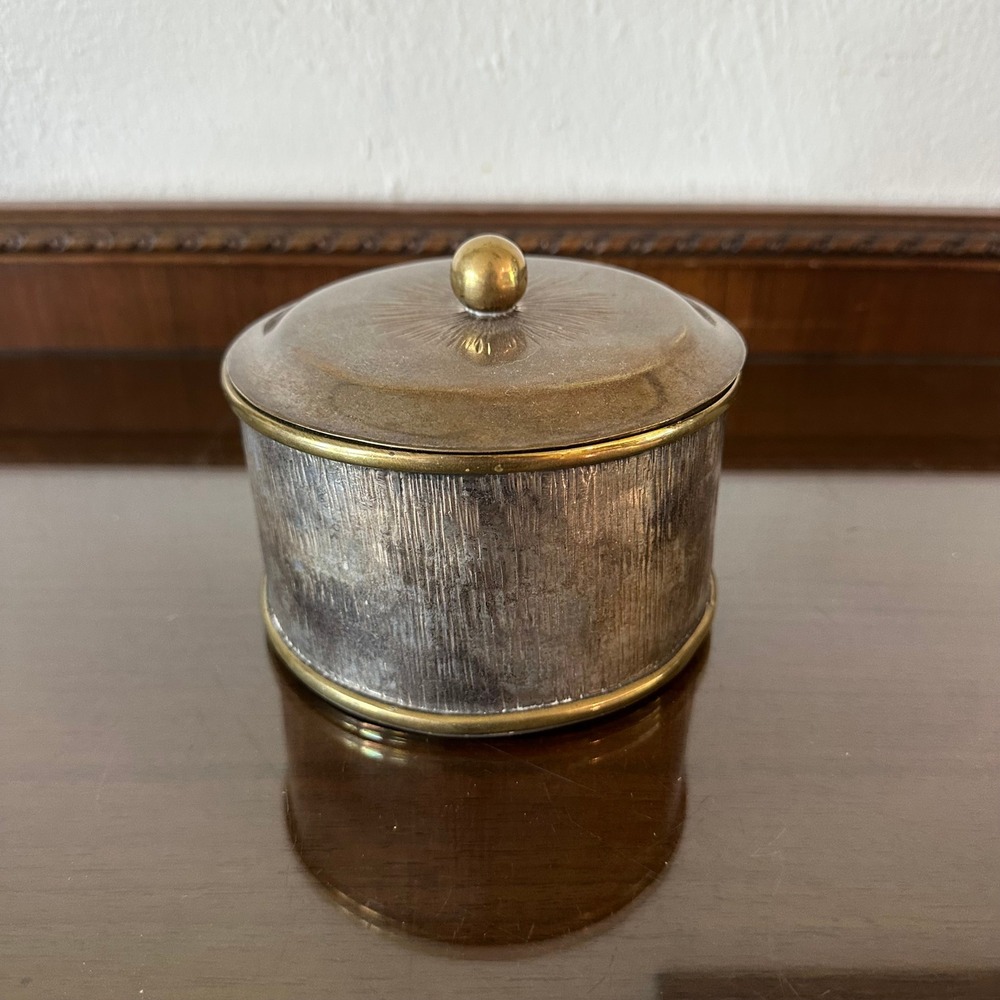 Vintage Mixed Metal Trinket Box Textured Silver Brass Sunburst Lid Finial 5''